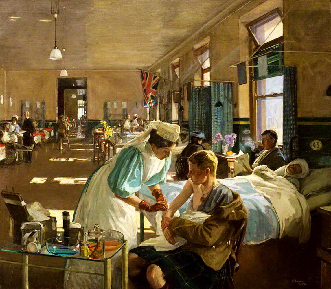 Медицина в искусстве. Джон Левери (1856-1941). John Lavery the first wounded in London Hospital, August, 1914. Базиль художник госпиталь.